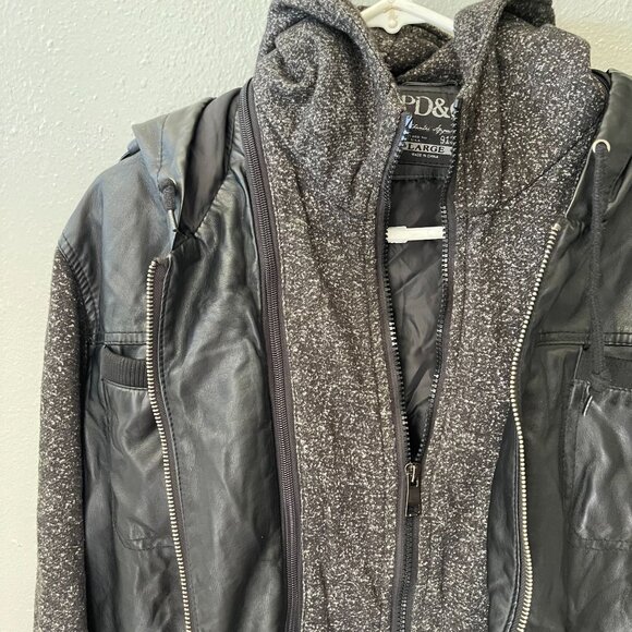 PD&C Mens Large Black Vegan Leather Jacket W/ Removable Hood & Knit Sleeves - Picture 4 of 16